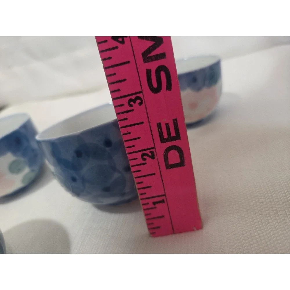 Vintage JAPAN Hand Painted Oriental Flower Textured Design Tea Cup 4 Blue Pink